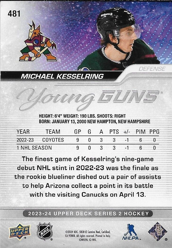 Signed Michael Kesselring Young Guns 2023-24 UD Arizona Coyotes Rookie Card