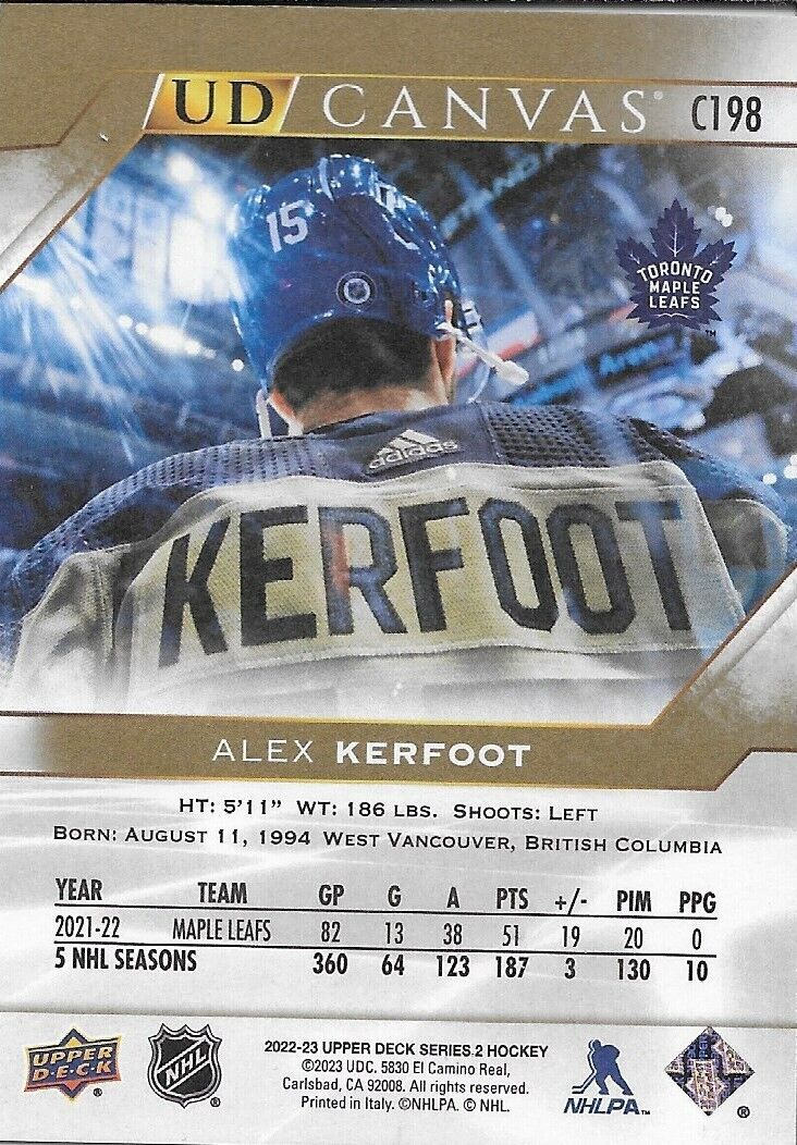 Signed Alex Kerfoot UD Canvas 2022-23 Toronto Maple Leafs Card Original