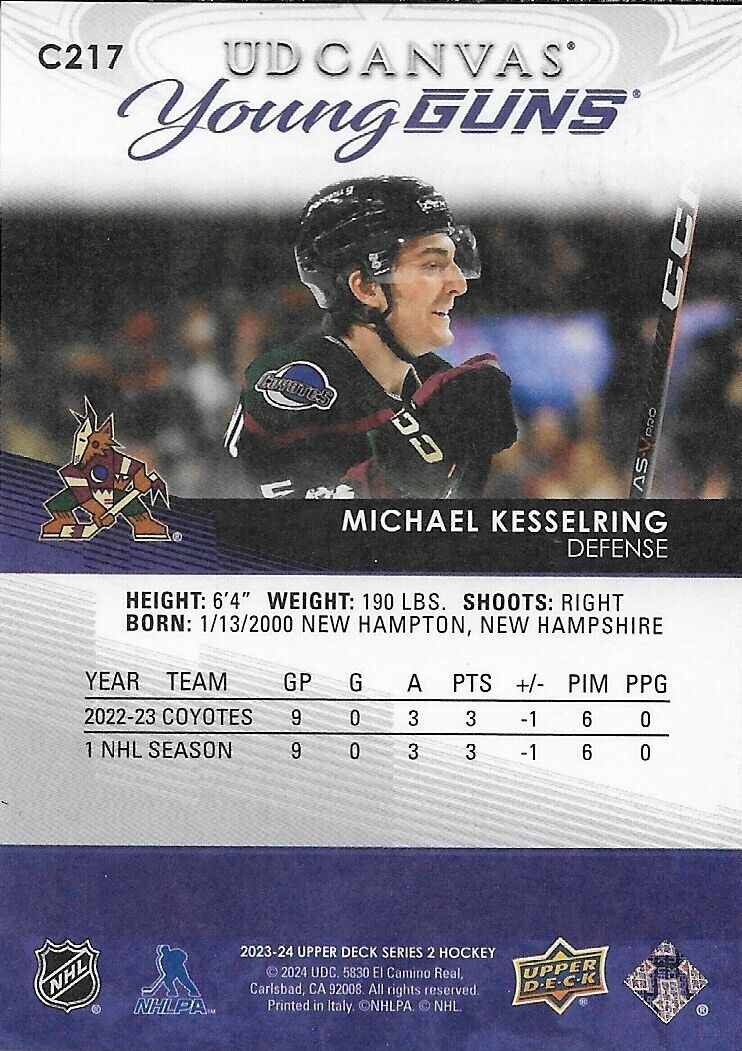 Signed Michael Kesselring UD Young Guns Canvas 23-24 Arizona Coyotes Rookie Card