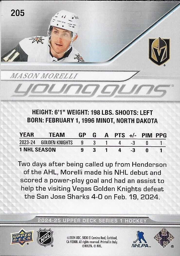 Carte de recrue signée Mason Morelli Young Guns 2024-25 UD Vegas Golden Knights