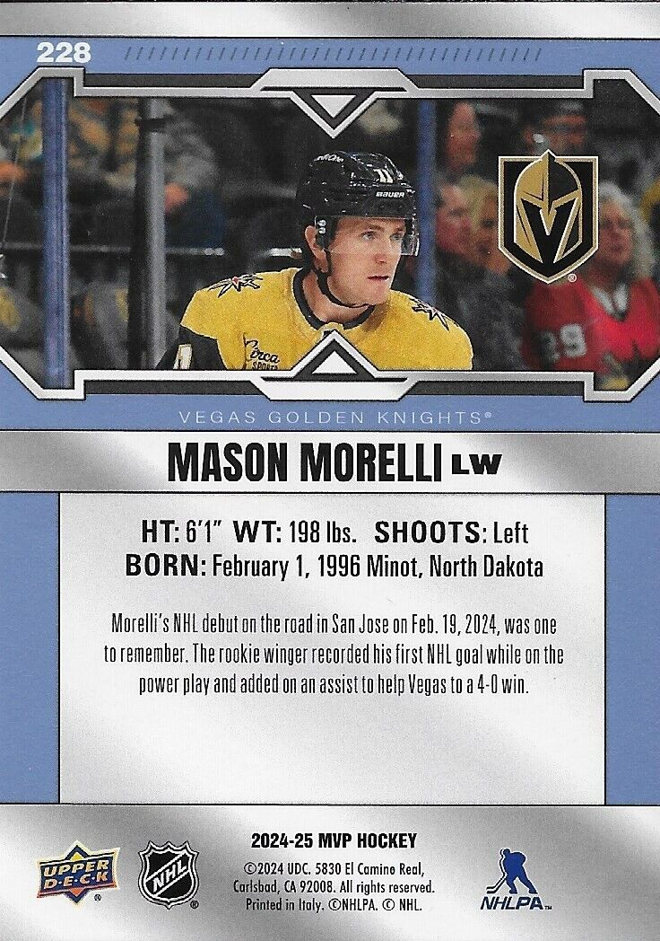 Carte de recrue signée Mason Morelli 2024-25 UD MVP Hockey Vegas Golden Knights