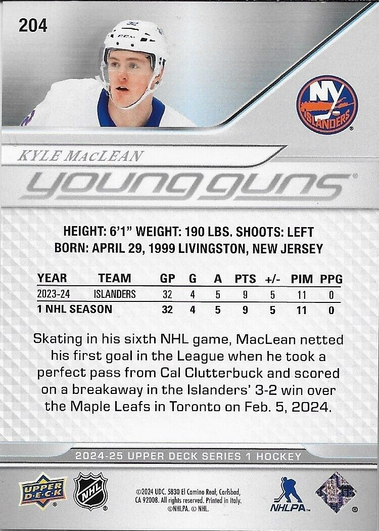 Carte de recrue signée Kyle MacLean Young Guns 2024-25 UD New York Islanders