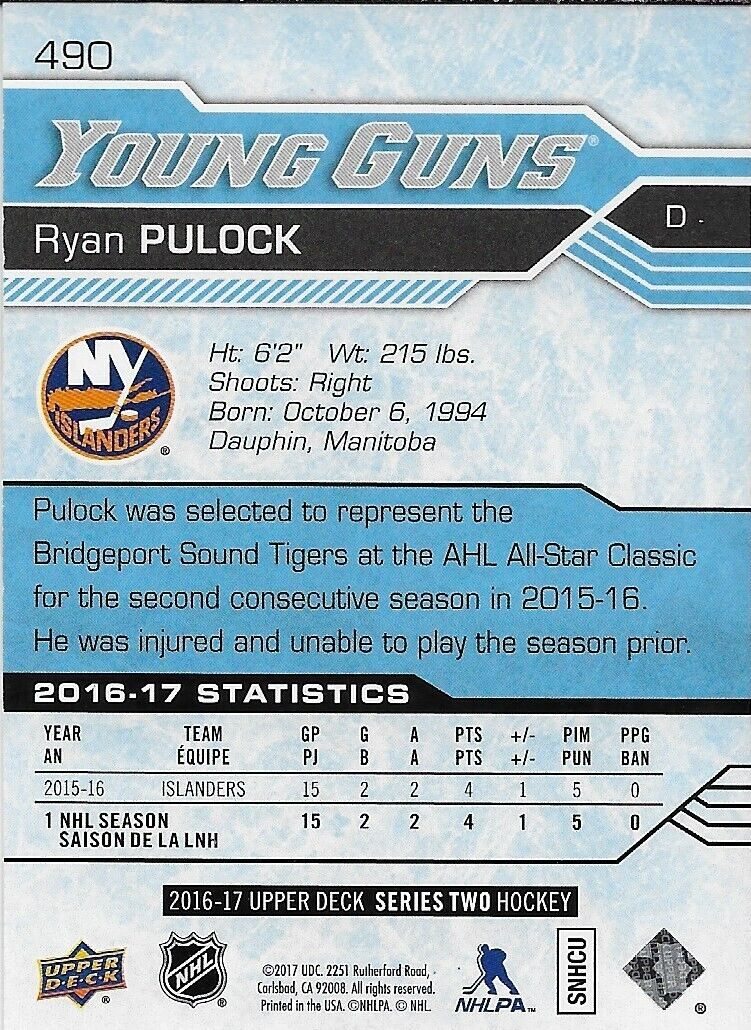 Signed Ryan Pulock Young Guns 2016-17 UD New York Islanders Rookie Card