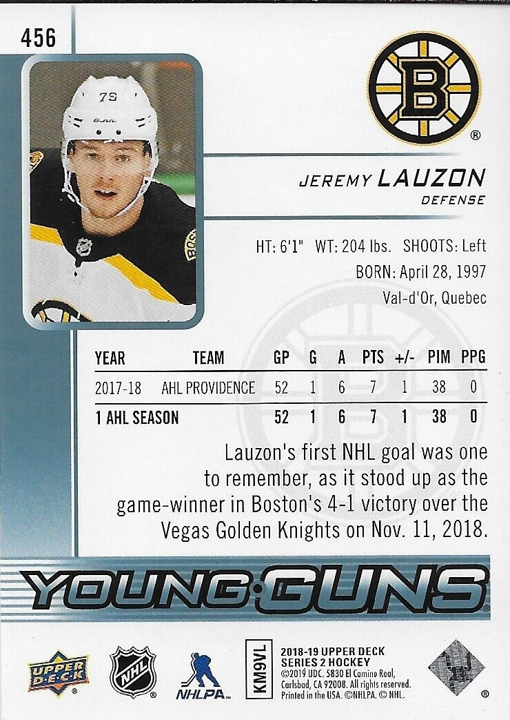Carte de recrue des Bruins de Boston 2018-19 signée Jeremy Lauzon Young Guns UD