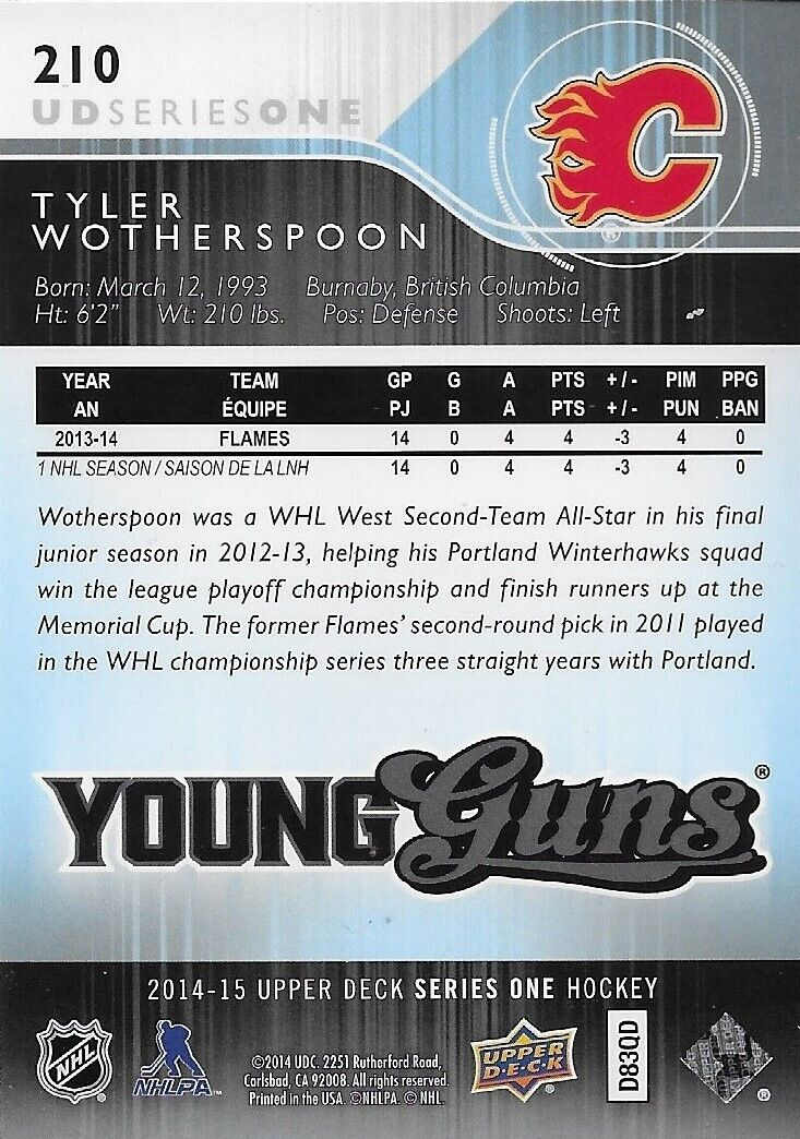Signed Tyler Wotherspoon Young Guns 2014-15 UD Calgary Flames Rookie Card #1