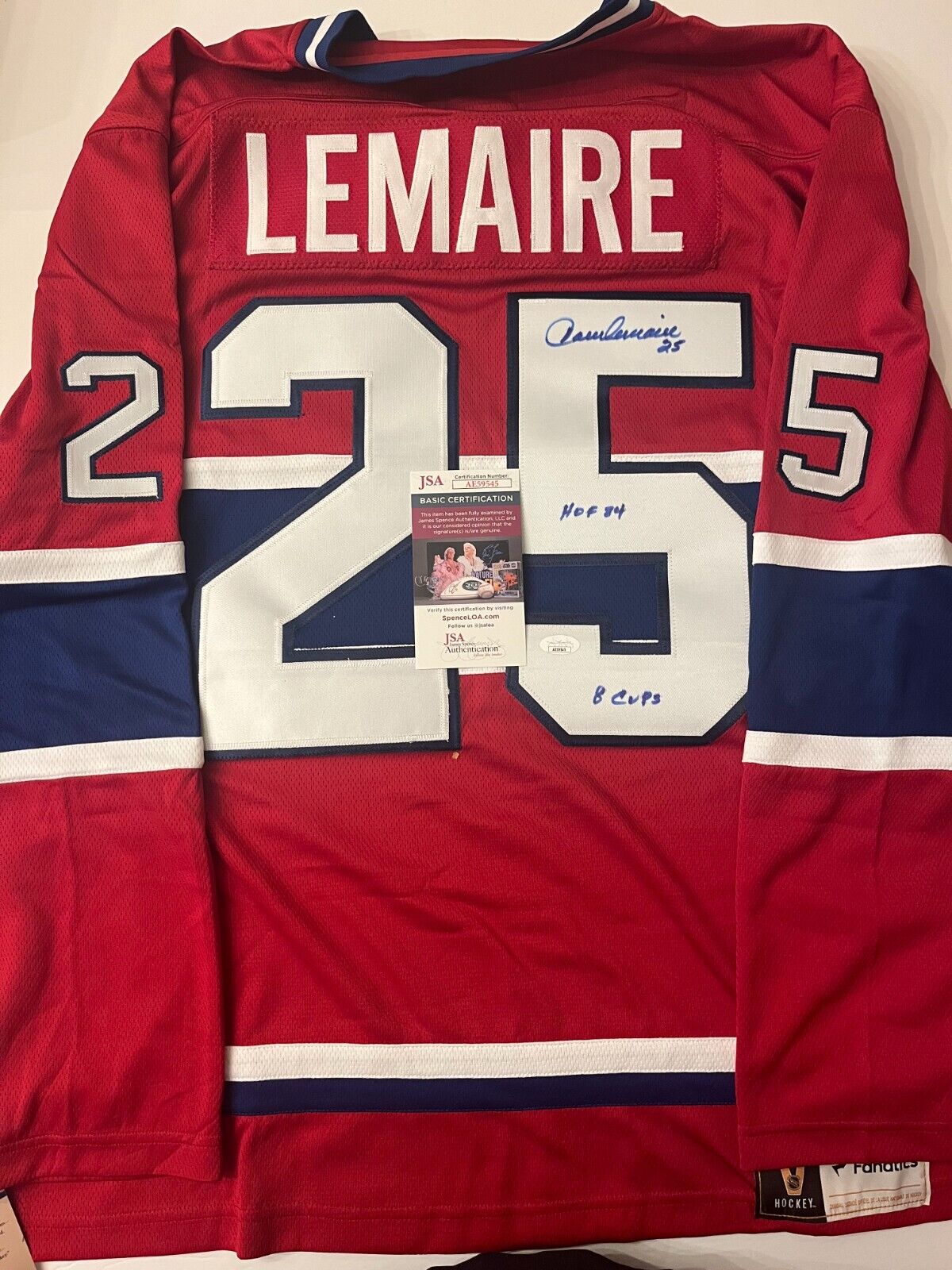 Autographed Fanatics Montreal Canadiens HOF Jacques Lemaire Jersey JSA 2 Insc