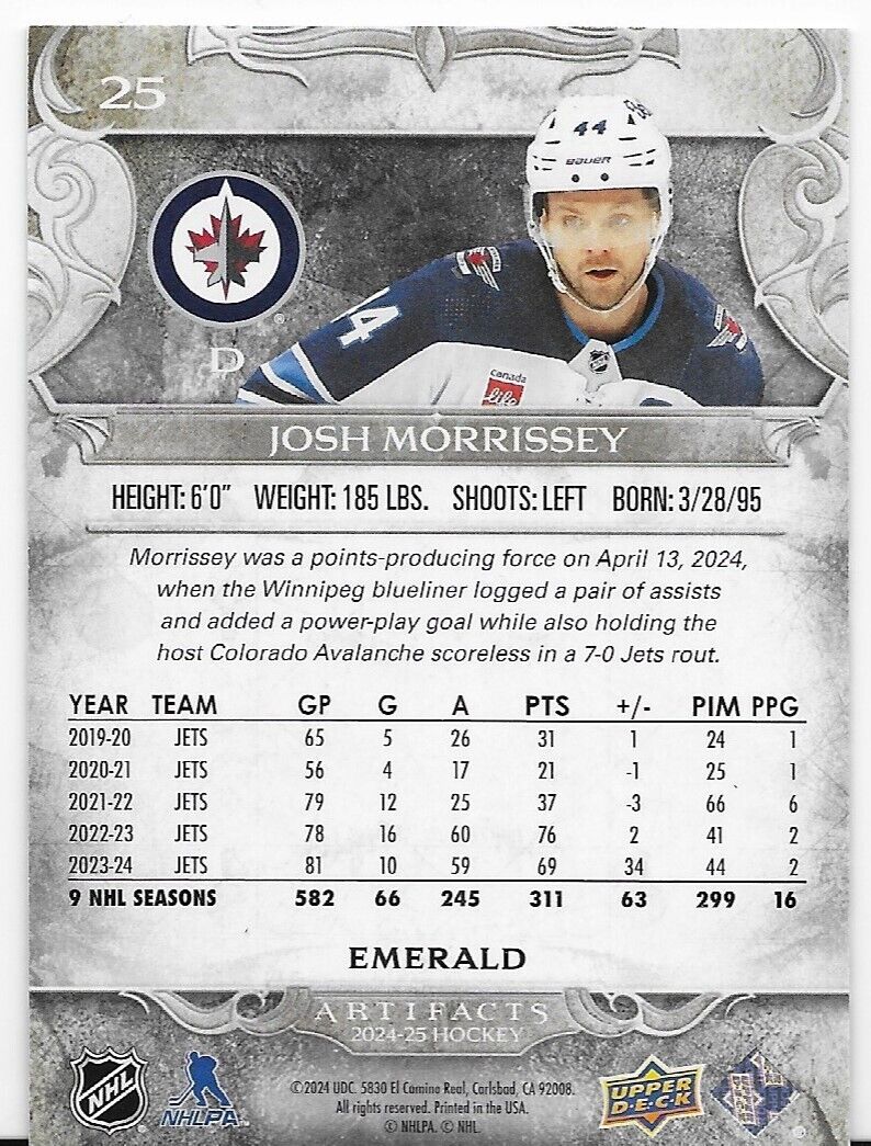 2024-25 Upper Deck Artifacts Hockey Winnipeg Jets Josh Morrissey 030/149 #25