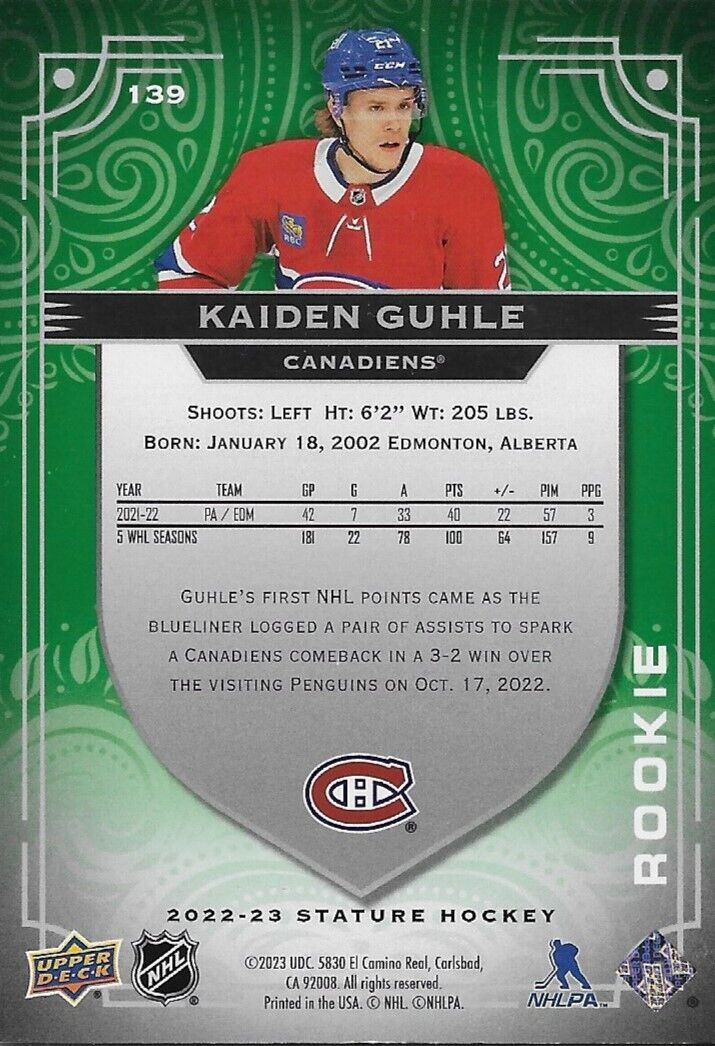 Carte signée Kaiden Guhle UD Rookie Stature 61/99 Green 22-23 des Canadiens de Montréal