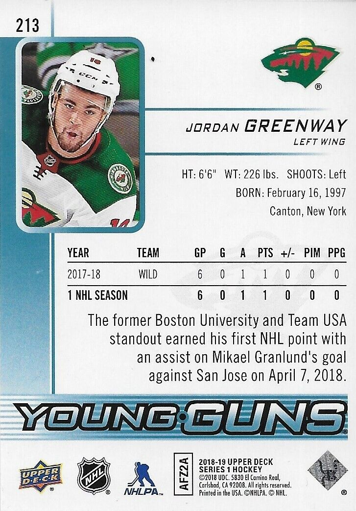 Carte de recrue signée Jordan Greenway Young Guns UD 2018-19 Minnesota Wild