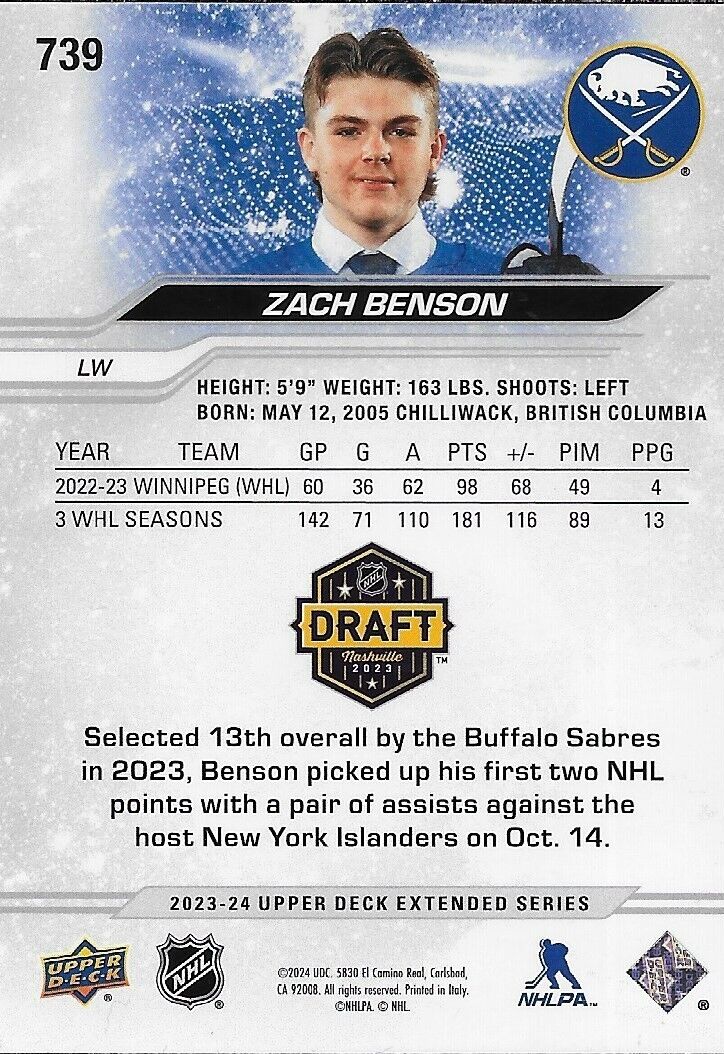 Signed Zach Benson 2023-24 UD Extended Series Buffalo Sabre Rookie Card