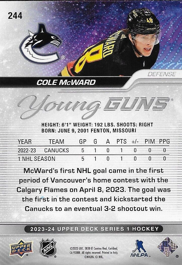 Signed Cole McWard Young Guns 23-24 UD Autographed Vancouver Canucks Rookie Card