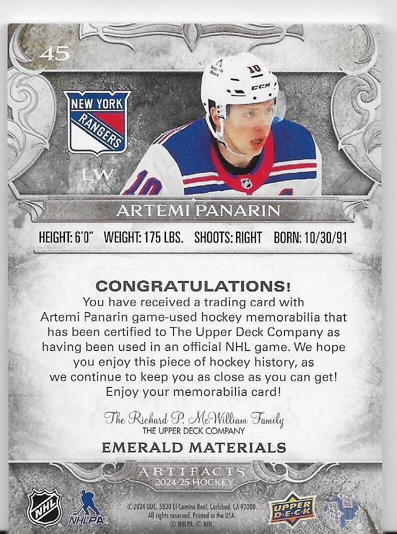 2024-25 Upper Deck Artifacts Hockey New York Rangers Artemi Panarin Jersey 22/65