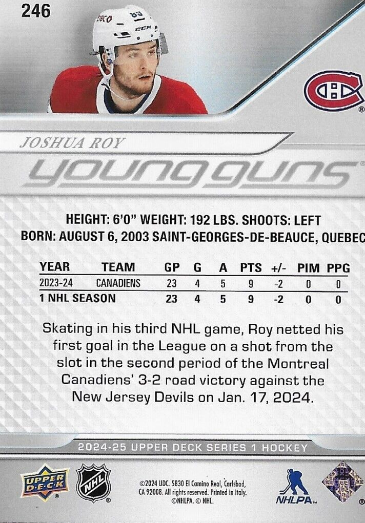 Carte recrue signée Joshua Roy 24-25 UD Young Guns Canadiens de Montréal 2 Original