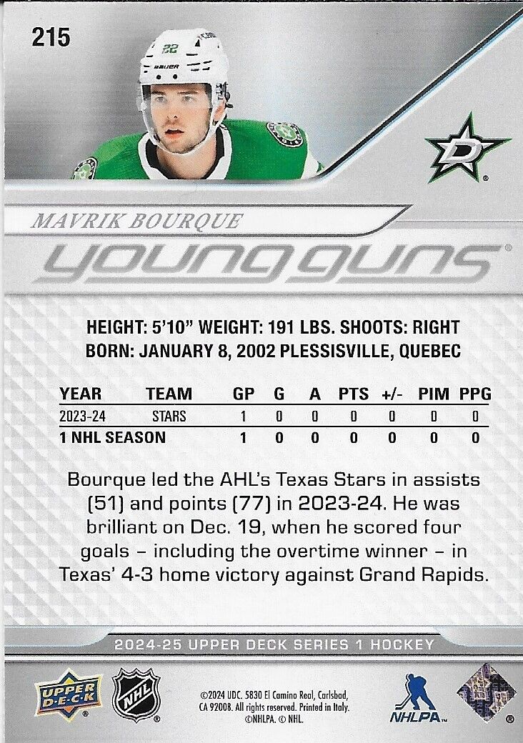 Carte Rookie signée Mavrik Bourque 2024-25 UD Young Guns Dallas Stars Original