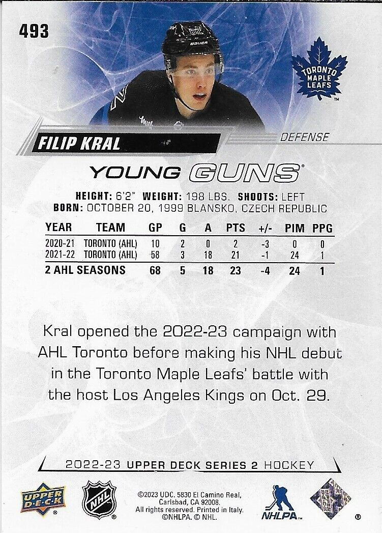 Signed Filip Kral 2022-23 UD Young Guns Toronto Maple Leafs Rookie Card Original