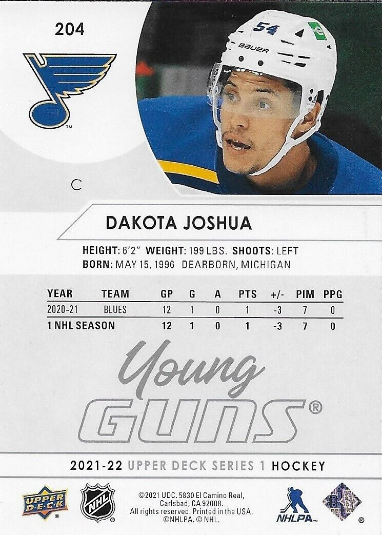 Signed Dakota Joshua Young Guns 21-22 UD St. Louis Blues Autographed Rookie Card