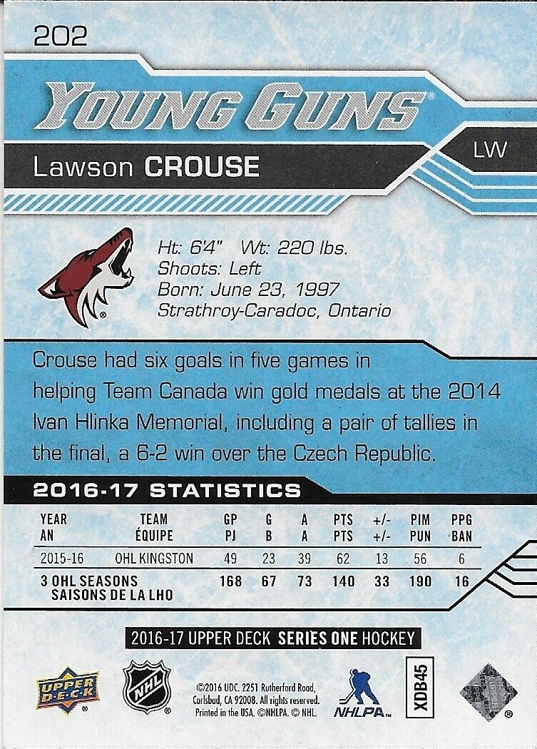 Carte de recrue signée Lawson Crouse Young Guns 2016-17 UD des Arizona Coyotes