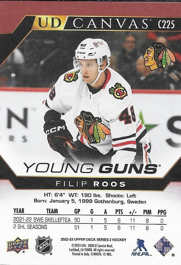 Carte de recrue signée Filip Roos Young Guns 2022-23 UD Chicago Blackhawks