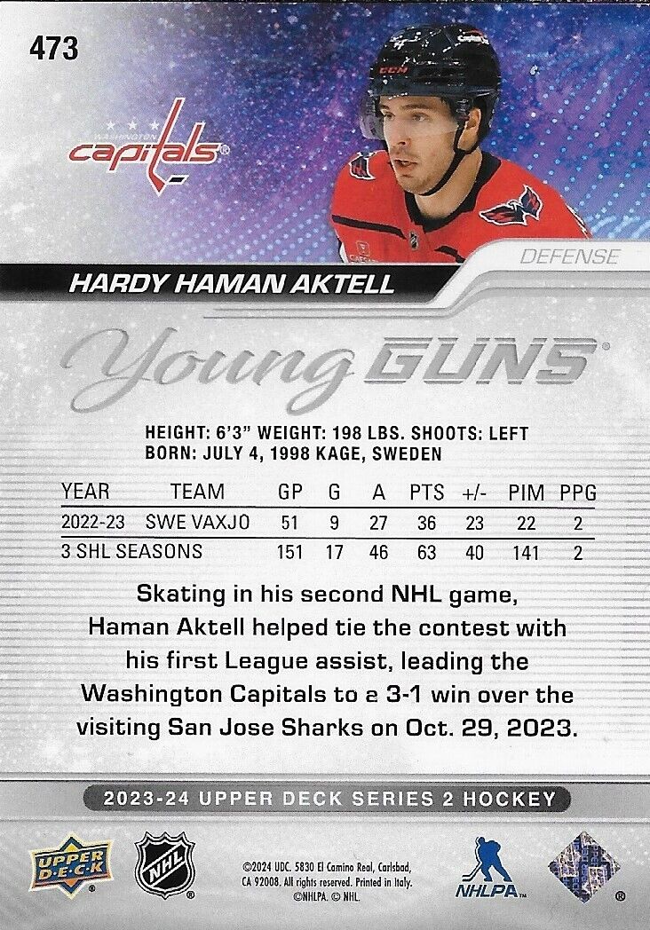 Carte de recrue signée Hardy Haman Aktell Young Guns 2023-24 UD Washington Capitals