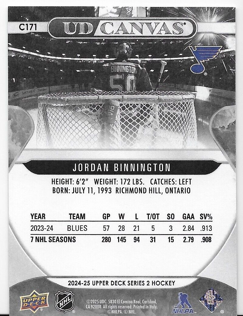 2024-25 Upper Deck Series 2 Hockey Jordan Binnington Black White Canvas Blues