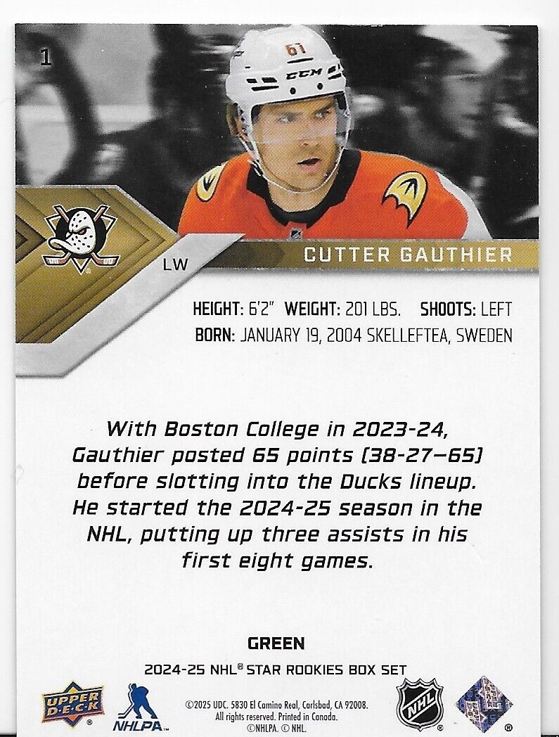 2024-25 Upper Deck Star Rookies Cutter Gauthier Green Parallel 5/5 Anaheim Ducks
