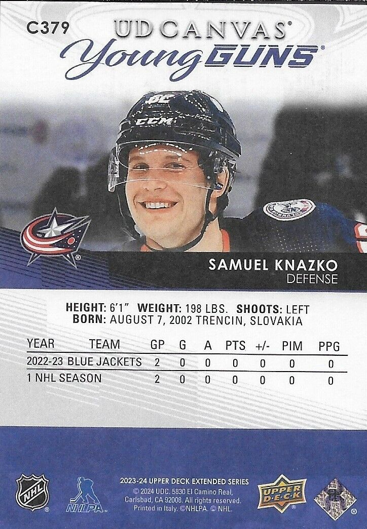 Signed Samuel Knazko 23-24 UD Columbus Blue Jackets Canvas Young Guns Rookie Crd
