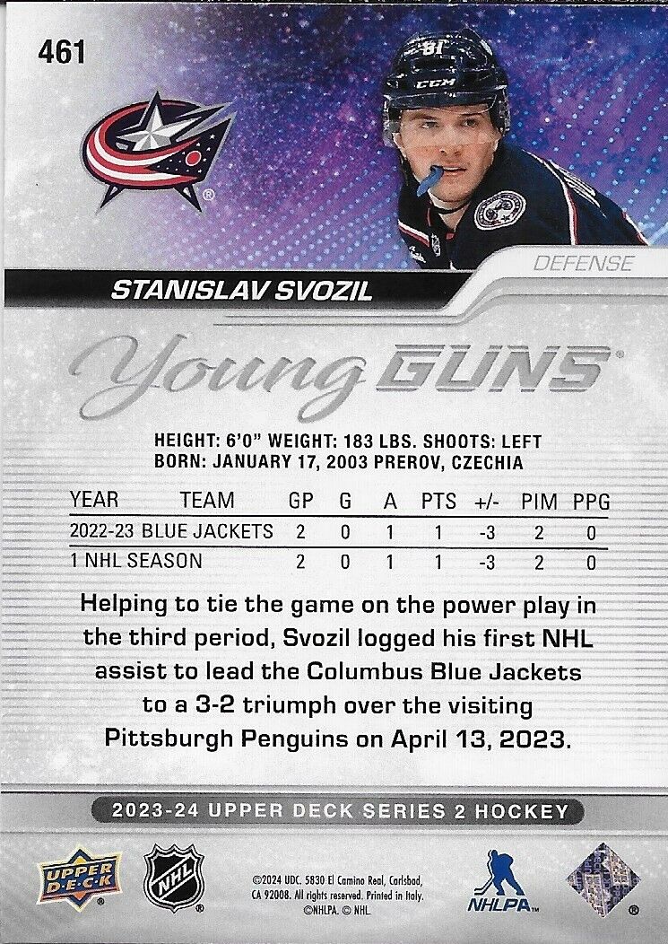 Signed Stanislav Svozil 2023-24 UD Columbus Blue Jackets Young Guns Rookie Card