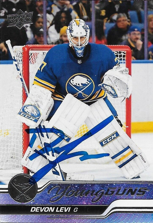 Signed Devon Levi 2023-24 UD Young Guns Buffalo Sabres Rookie Card