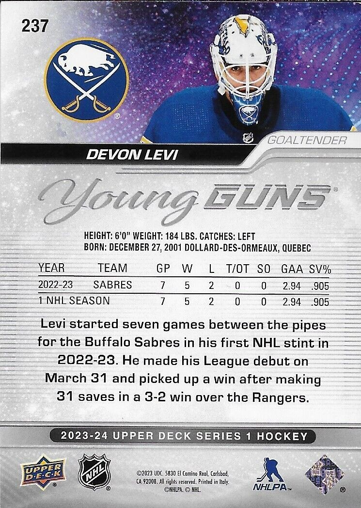 Signed Devon Levi 2023-24 UD Young Guns Buffalo Sabres Rookie Card
