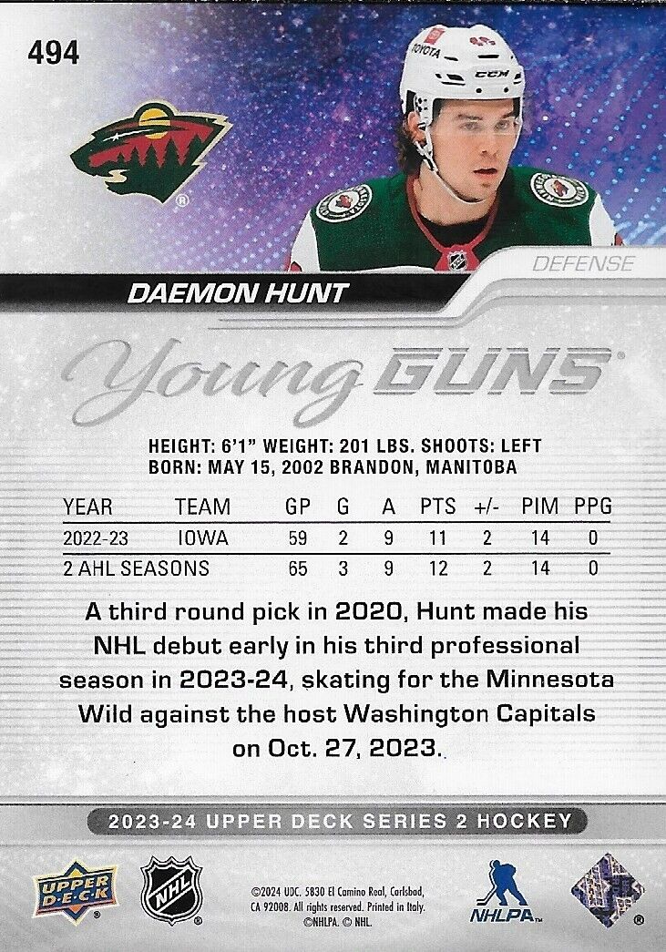 Signed Daemon Hunt 2023-24 UD Young Guns Minnesota Wild Rookie Card