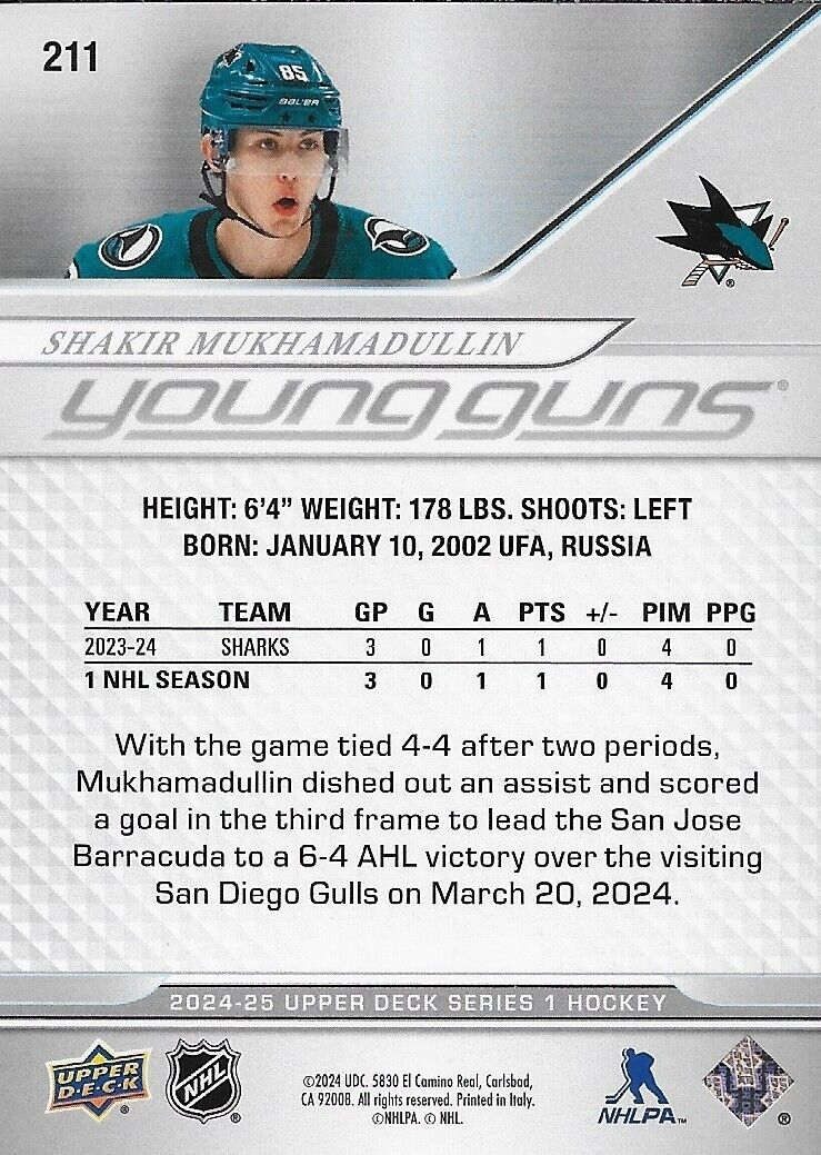 Signed Shakir Mukhamadullin 2024-25 UD Young Guns San Jose Sharks Rookie Card