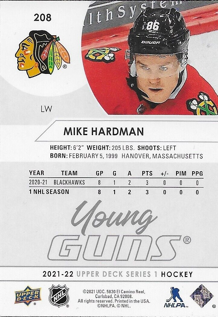 Signed Mike Hardman 2021-22 UD Young Guns Chicago Blackhawks Rookie Card