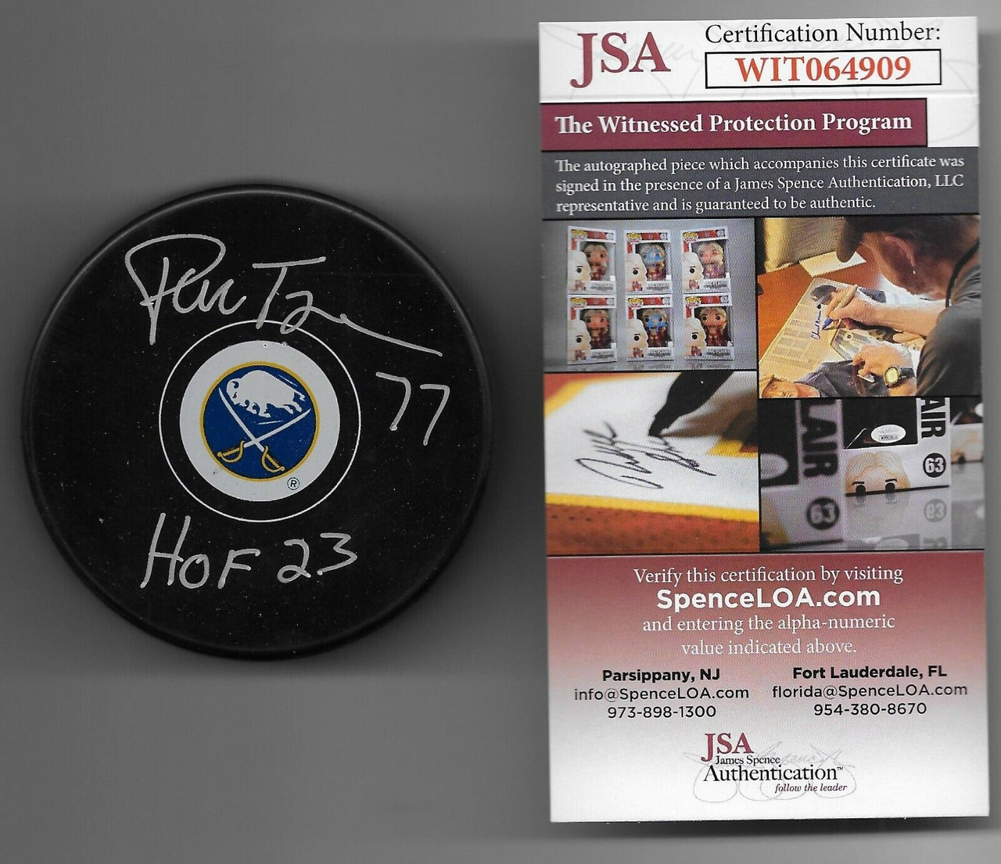 Signed Pierre Turgeon Buffalo Sabres Puck HOF 23 Inscription JSA Authentication