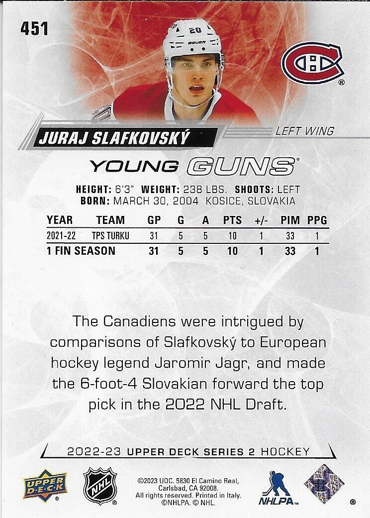 Signed Juraj Slafkovsky 2022-23 Young Guns UD Montreal Canadiens Rookie Card