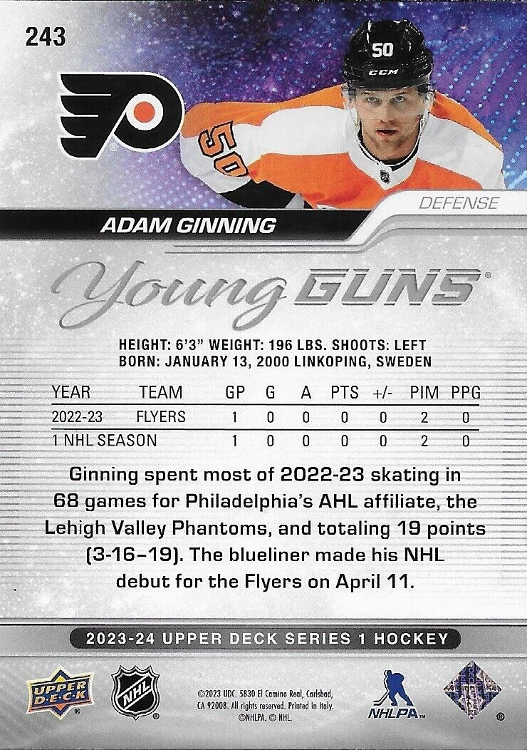 Signed Adam Ginning 2023-24 UD Young Guns Philadelphia Flyers Rookie Card