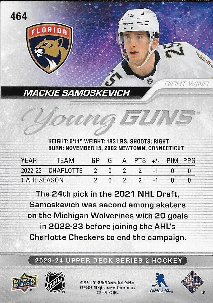 Signed Mackie Samoskevich 2023-24 UD Young Guns Florida Panthers Rookie Card