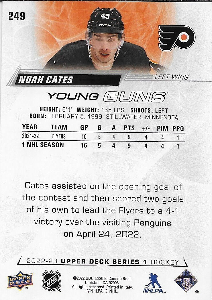 Signeded Noah Cates 2022-23 UD Philadelphia Flyers Young Guns Rookie Card