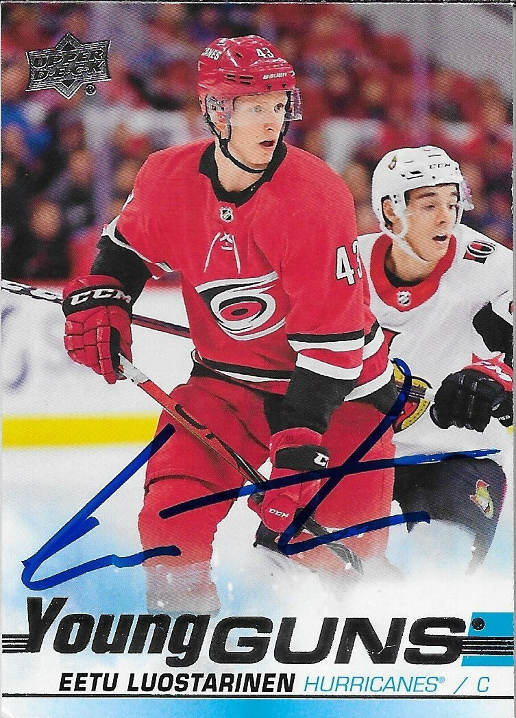 Signed Eetu Luostarinen 2019-20 UD Young Guns Carolina Hurricanes Rookie Card