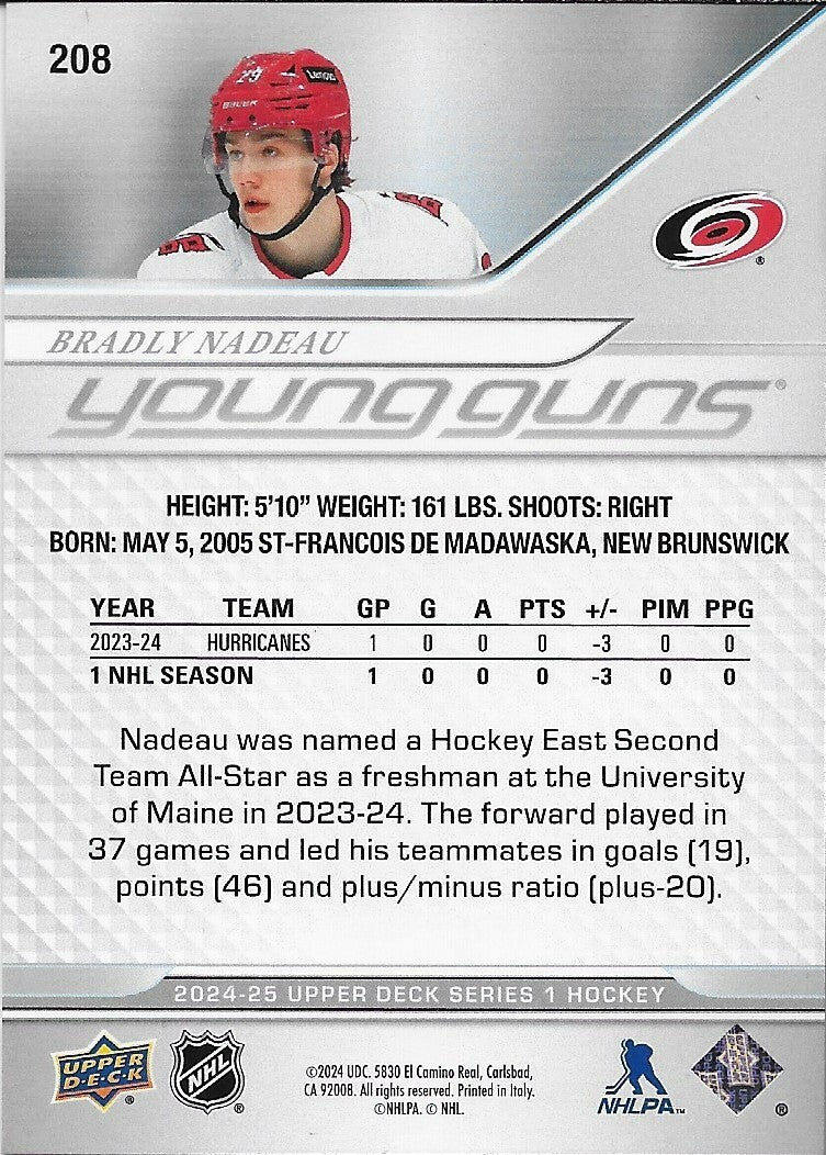 Signed Bradly Nadeau Young Guns 2024-25 UD Carolina Hurricanes Rookie Card