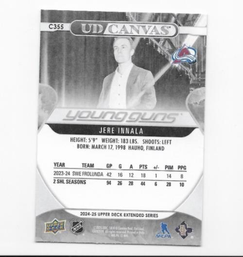 Jere Innala 2024-25 Upper Deck Extended Canvas Young Guns Black and White c355