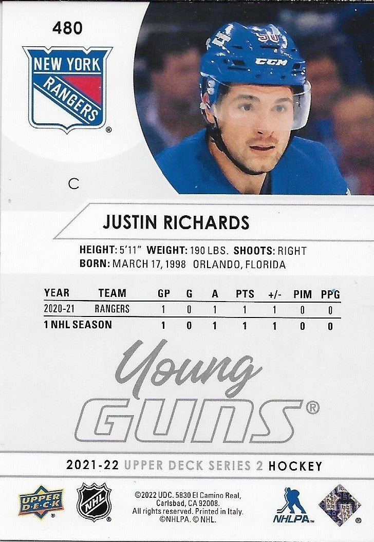 Signed Justin Richards 2021-22 UD New York Rangers Young Guns Rookie Card