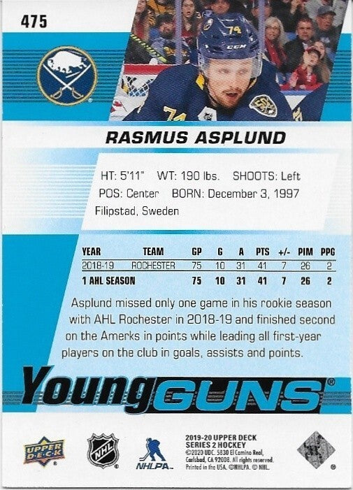 Signed Rasmus Asplund Young Guns 2019-20 UD Buffalo Sabres Rookie Card