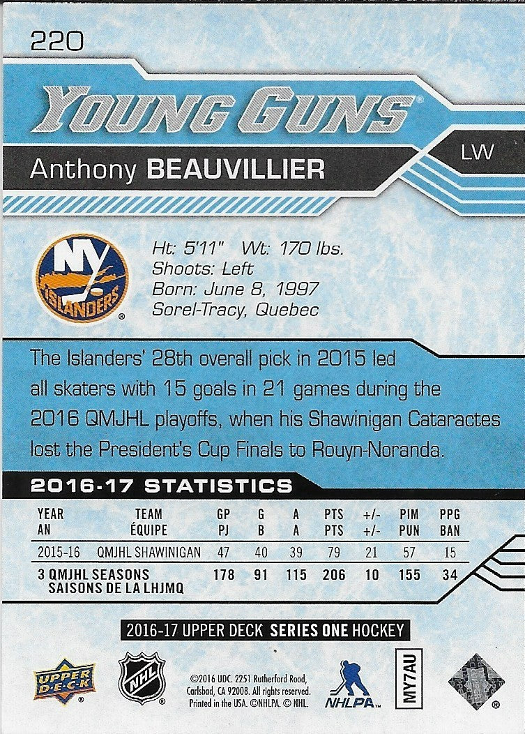 Signed Anthony Beauvillier Young Guns 2016-17 UD New York Islanders Rookie Card
