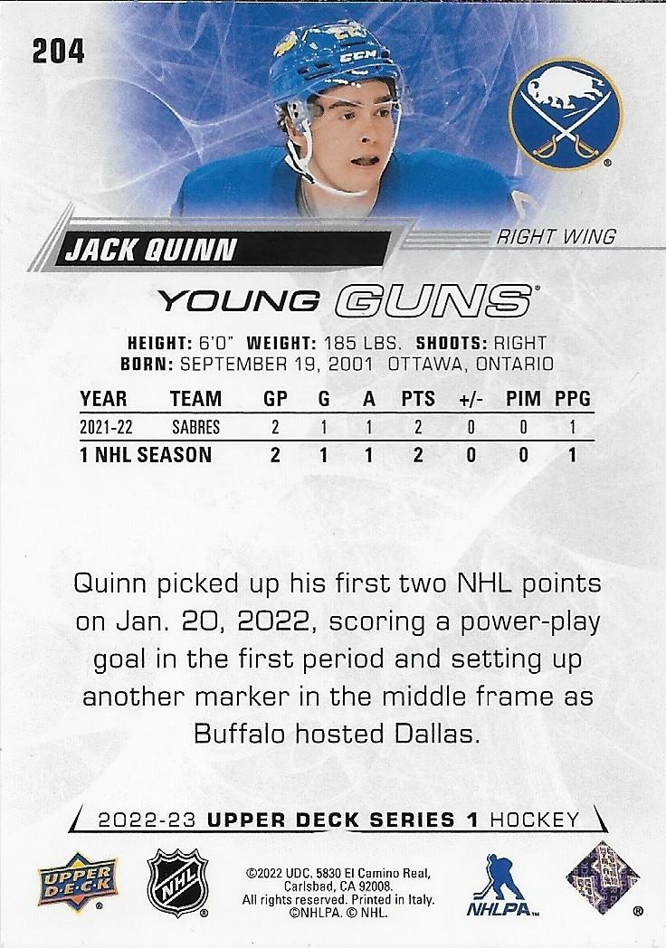 Signed Jack Quinn Young Guns 2022-23 Upper Deck Buffalo Sabres Rookie Card