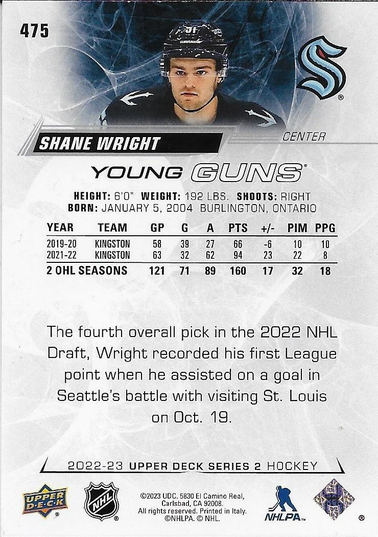 Signed Shane Wright Young Guns 2022-23 Upper Deck Seattle Kraken Rookie Card
