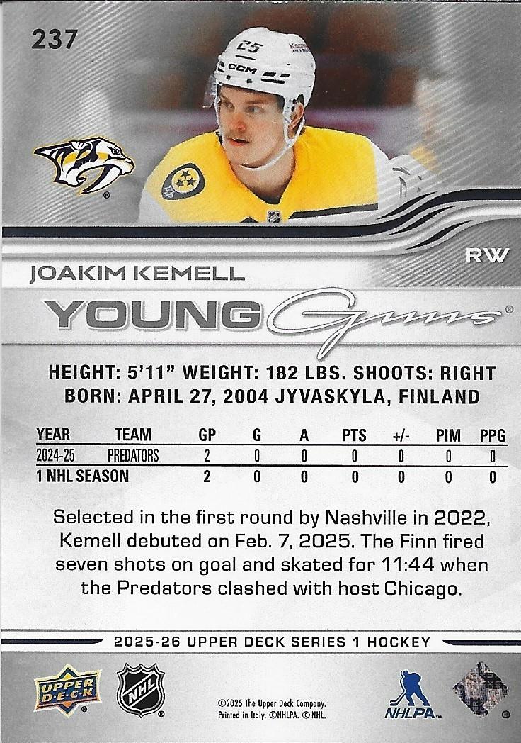 Signed Joakim Kemell Young Guns 2025-26 UD Nashville Predators Rookie Card