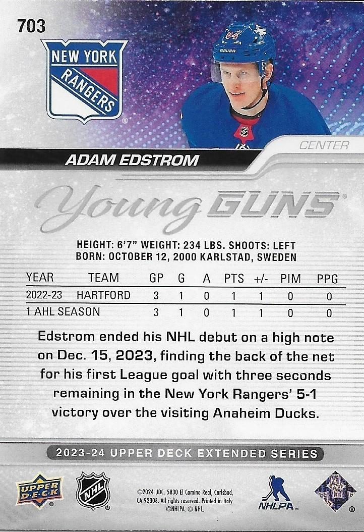 Signed Adam Edstrom Young Guns 2023-24 Upper Deck New York Rangers Rookie Card