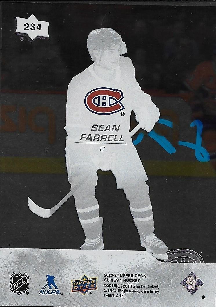 Signed Sean Farrell Young Guns Clear Cut 23-24 UD Montreal Canadiens Rookie Card