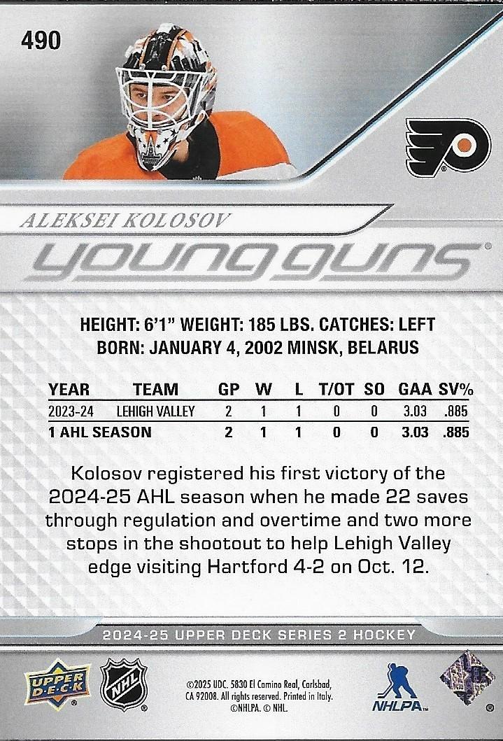 Signed Aleksei Kolosov 2024-25 UD Young Guns Philadelphia Flyers Rookie Card