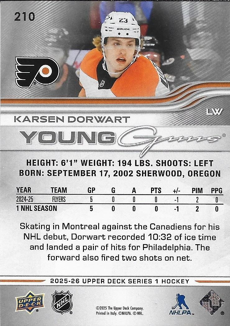 Signed Karsen Dorwart 2025-26 UD Young Guns Philadelphia Flyers Rookie Card